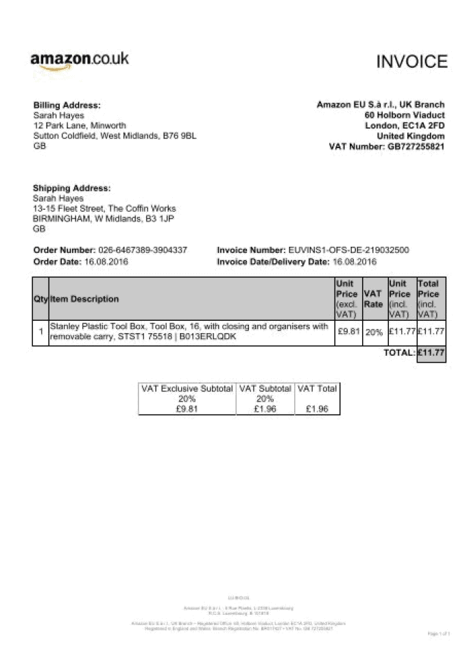 Example of an Amazon invoice